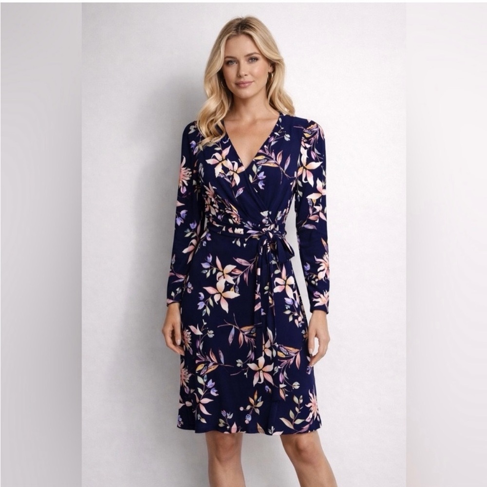 Eliza J Floral Navy Wrap Dress - Size 6